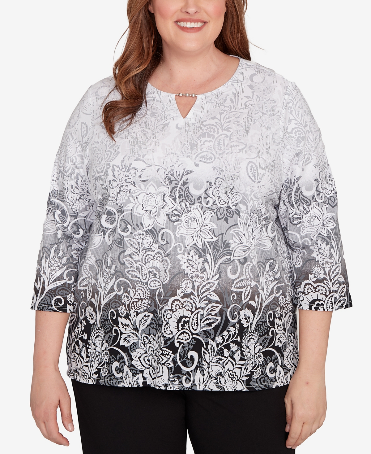 Alfred Dunner Plus Size Ombre Scroll Split Beaded Neck Top In Gray