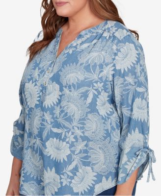 Plus Size Classic Floral Monotone Lyocell Henley Top