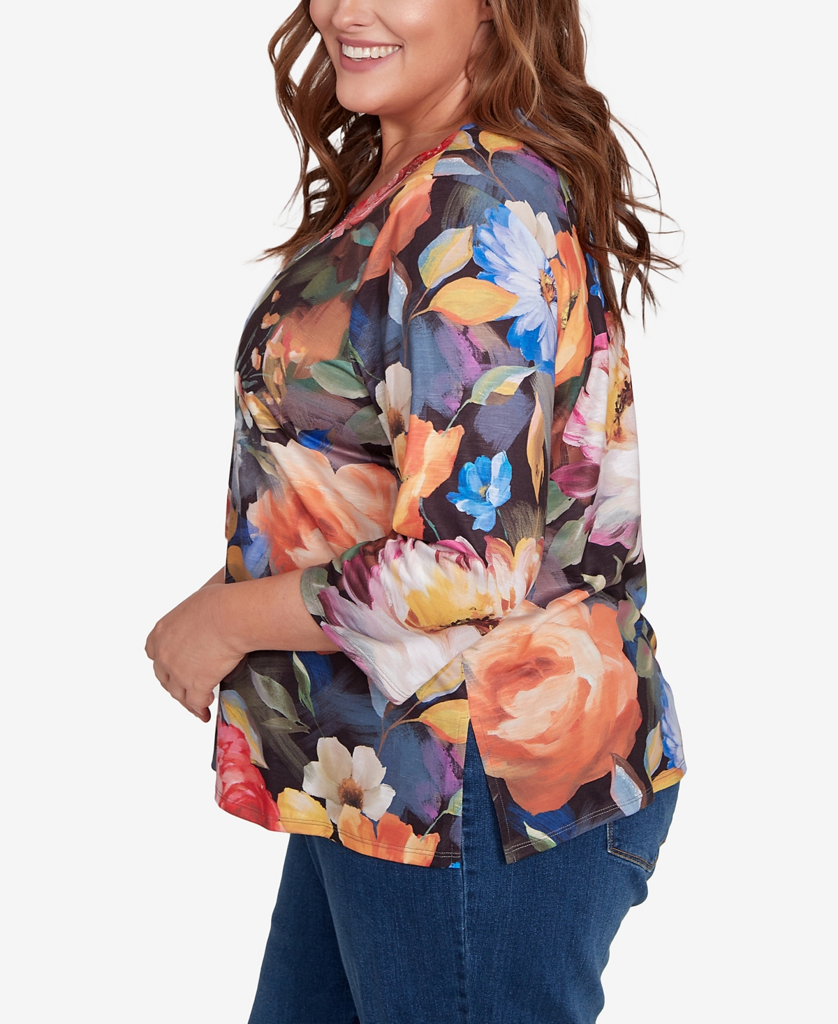 Alfred Dunner Plus Size Classic Dramatic Floral Lace Neck Top In Blue