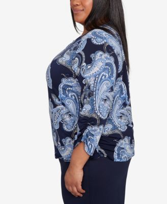 Plus Size Classic Puff Print Paisley Gold Foil Keyholeneck Top
