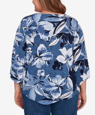 Plus Size Classic Puff Print Denim Floral Top