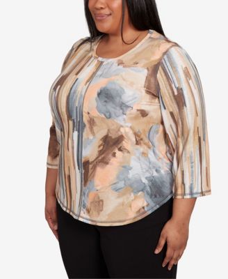 Plus Size Classic Spliced Floral Stripe Crew Neck Top