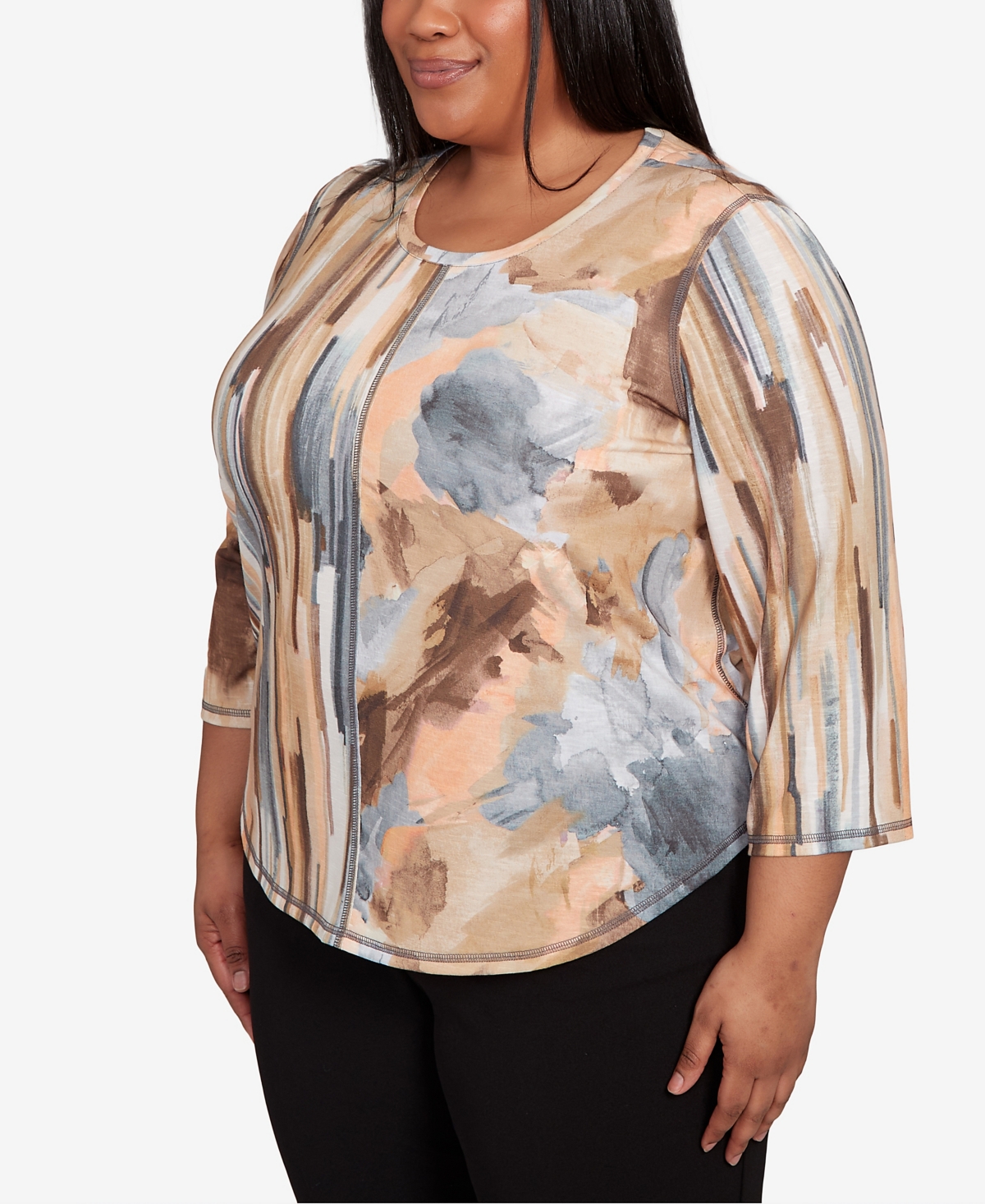 Alfred Dunner Plus Size Classic Spliced Floral Stripe Crew Neck Top In Multi