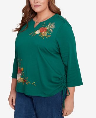 Plus Size Classic Asymmetric Pumpkin Split Beaded Keyhole Neck Top