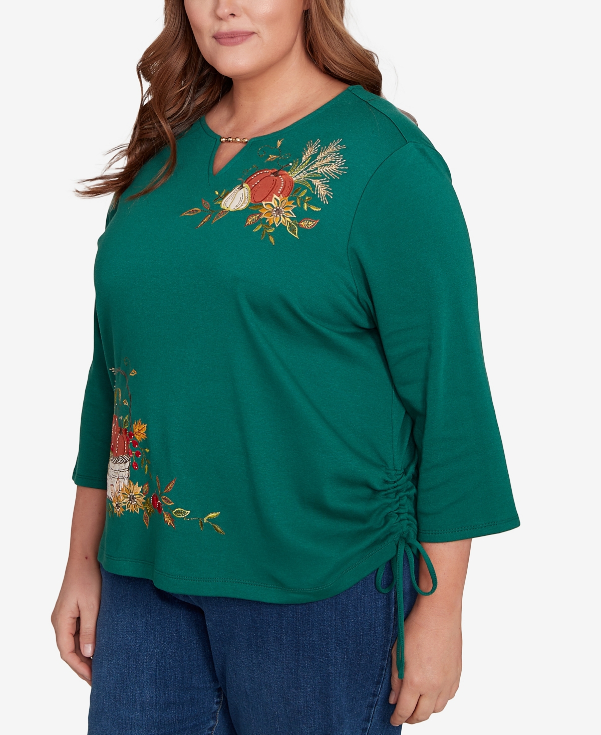 Alfred Dunner Plus Size Classic Asymmetric Pumpkin Split Beaded Keyhole Neck Top In Green