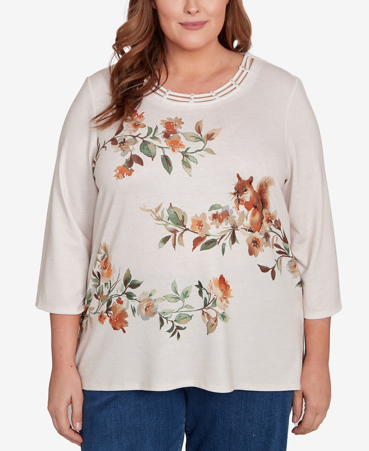 Alfred Dunner Plus Size Classic Floral Squirrel Harvest Top In Neutral