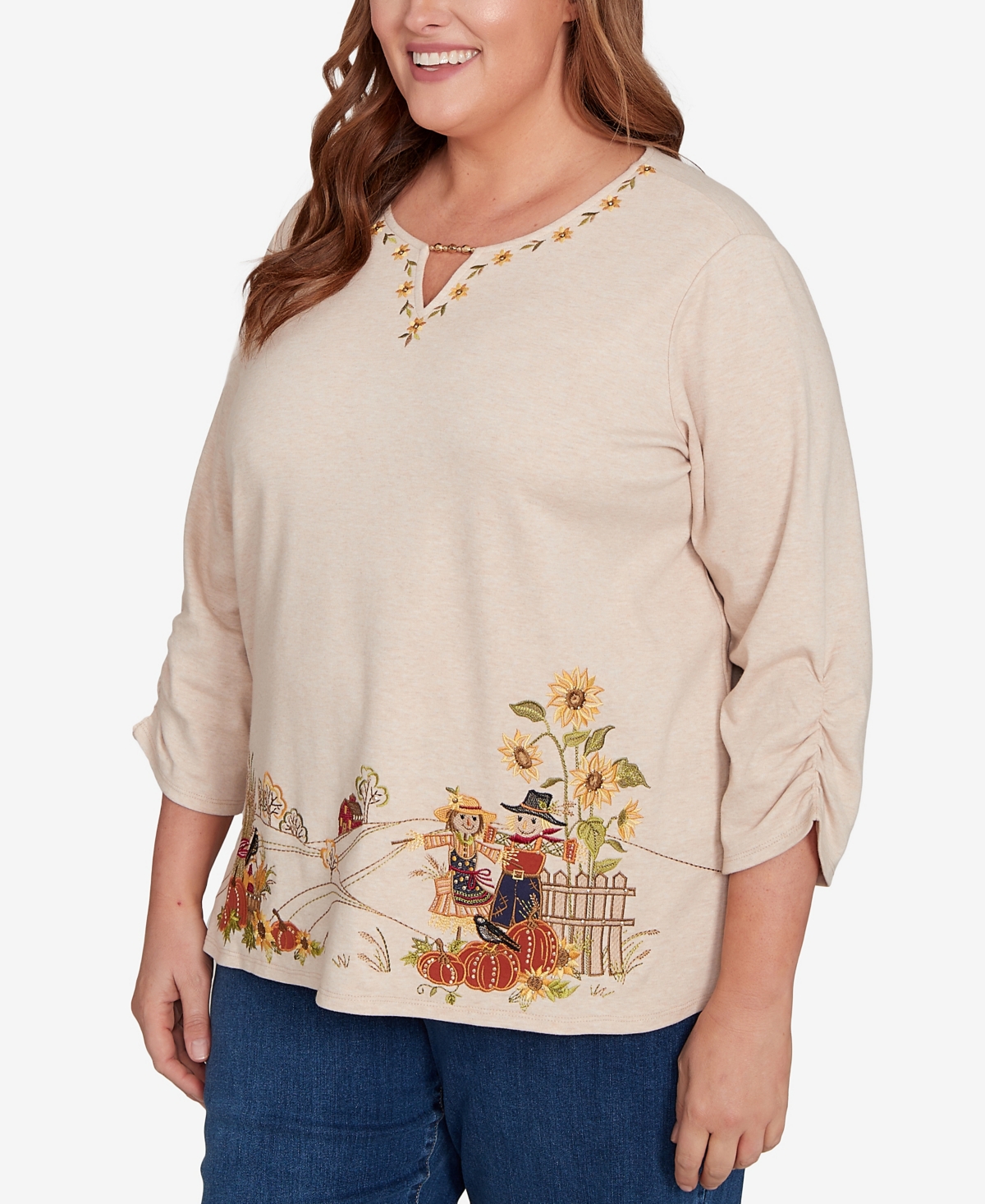 Alfred Dunner Plus Size Classic Scarecrow Bordered Keyhole Neck Top In Neutral