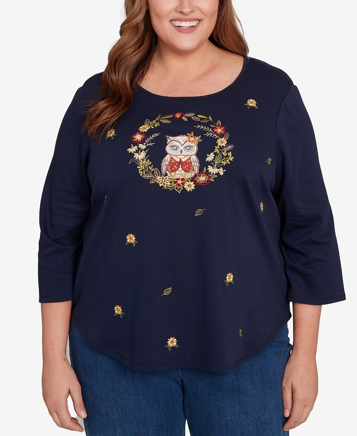 Alfred Dunner Plus Size Classic Owl Wreath Embroidered Top In Blue