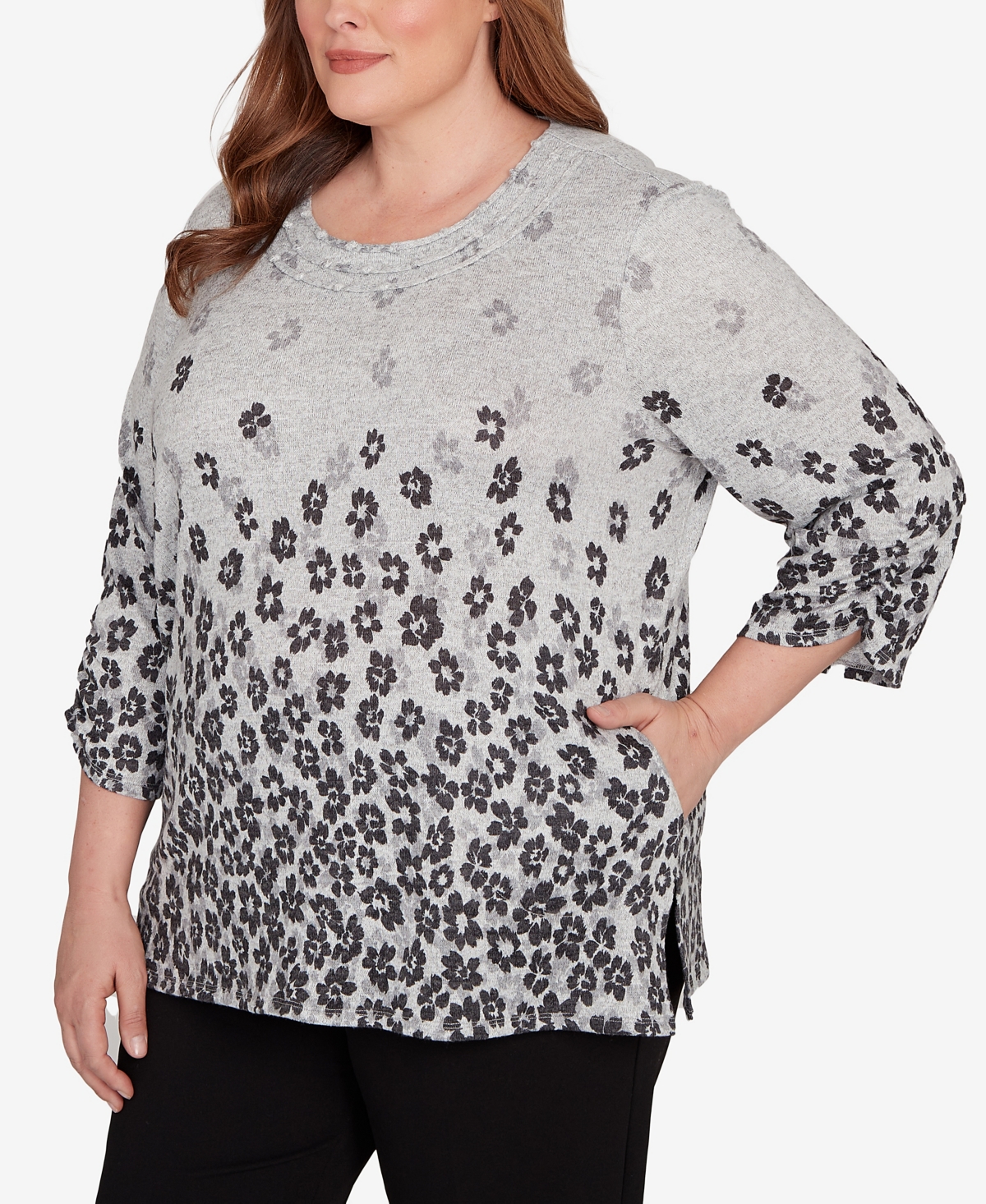 Alfred Dunner Plus Size Classic Floral Border Gathered Sleeve Top In Multi