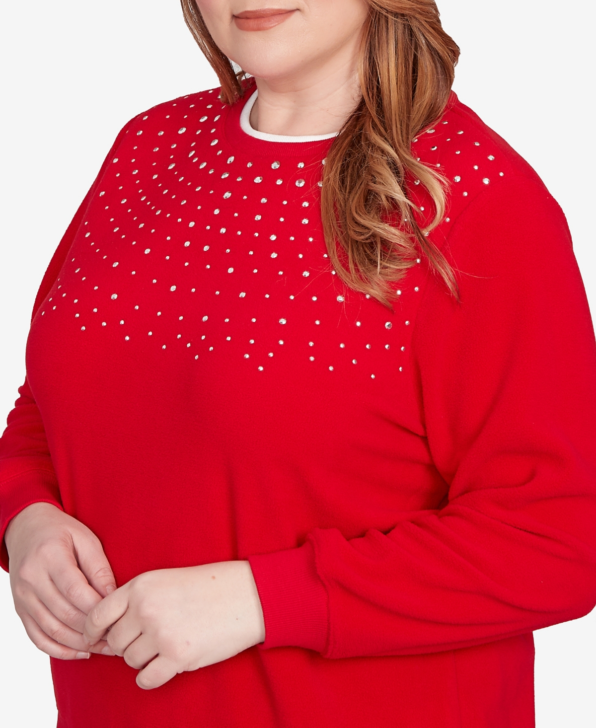 Alfred Dunner Plus Size Classic Embellished Neckline Anti-pill Sweater In Red