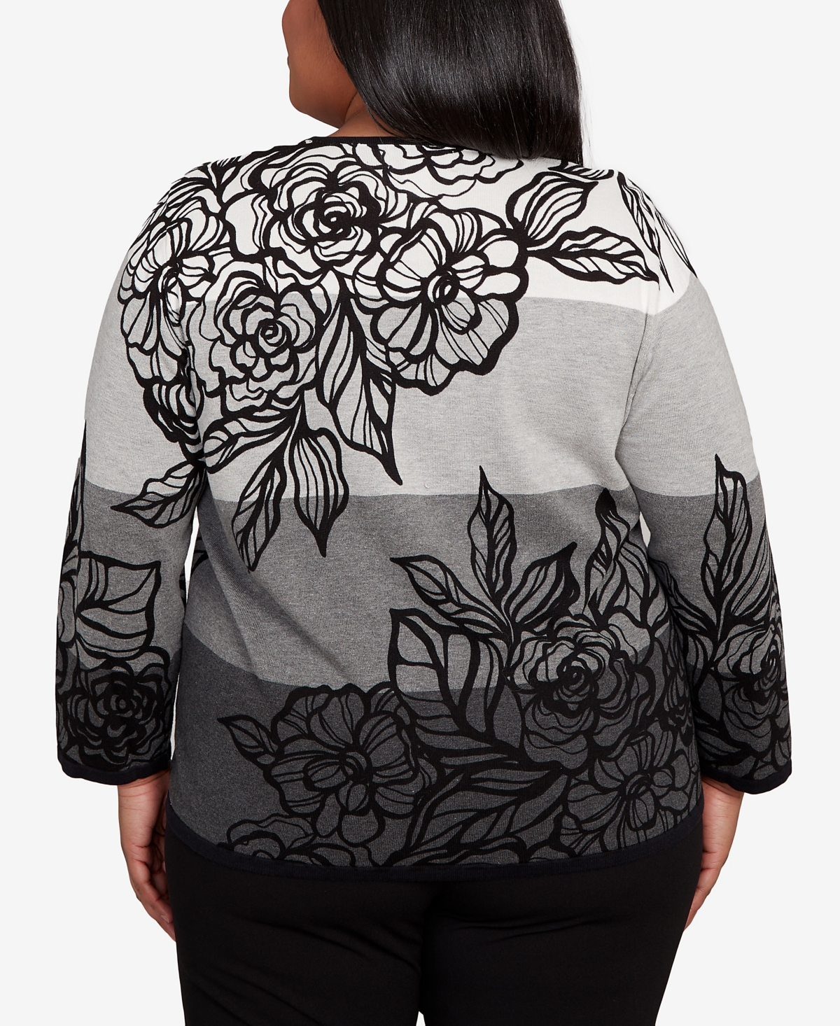 Alfred Dunner Plus Size Classic Ombre Floral Block Stripe Sweater In Gray