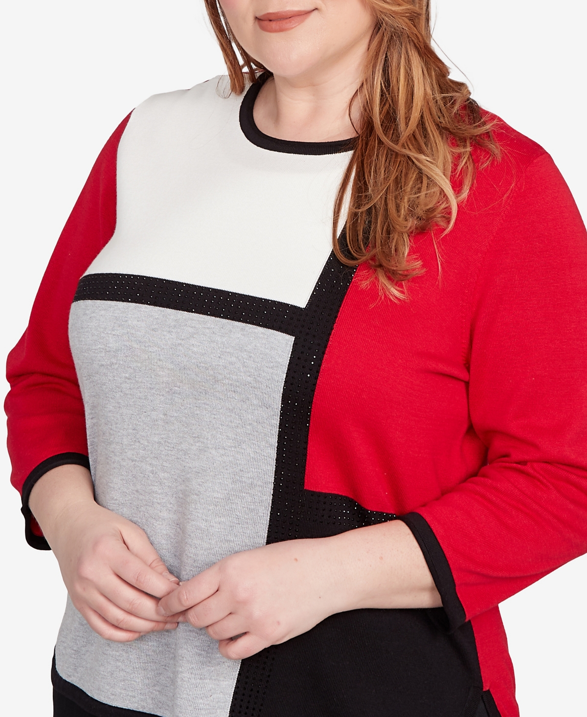 Alfred Dunner Plus Size Classic Colorblock Long Sleeve Sweater In Red