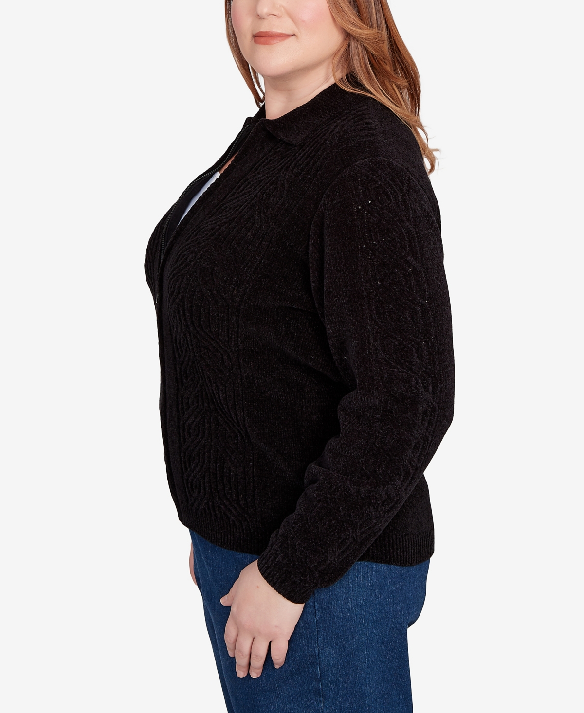 Alfred Dunner Plus Size Classic Zip-front Chenille Collared Cardigan Sweater In Black