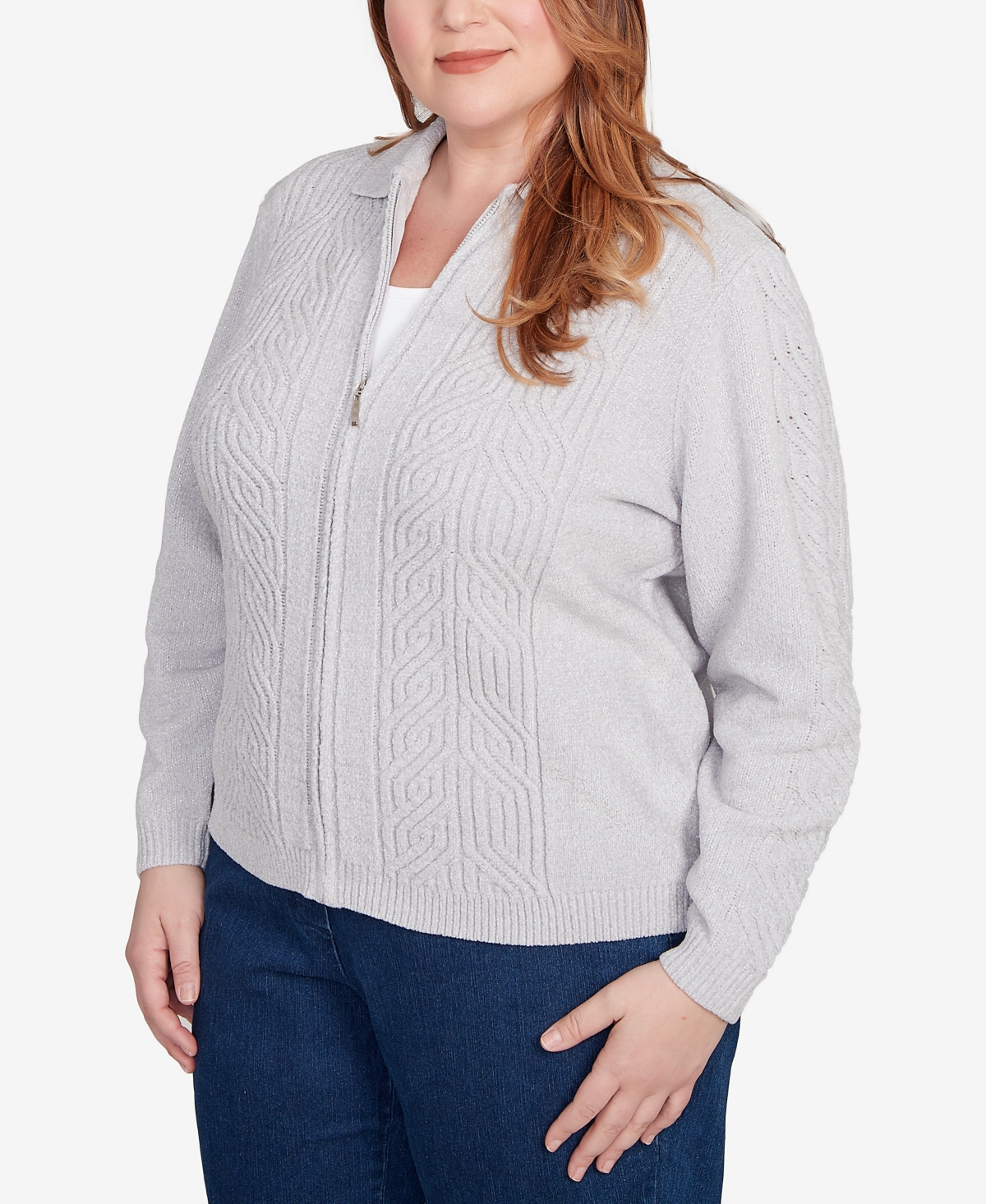 Alfred Dunner Plus Size Classic Zip-front Chenille Collared Cardigan Sweater In Gray