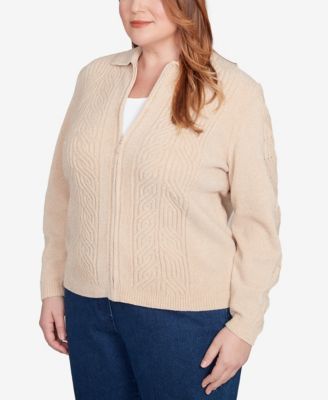 Plus Size Classic Zip-Front Chenille Collared Cardigan Sweater