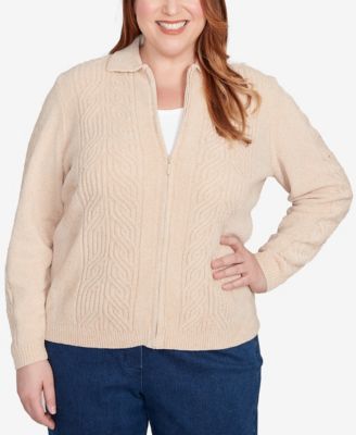 Plus Size Classic Zip-Front Chenille Collared Cardigan Sweater