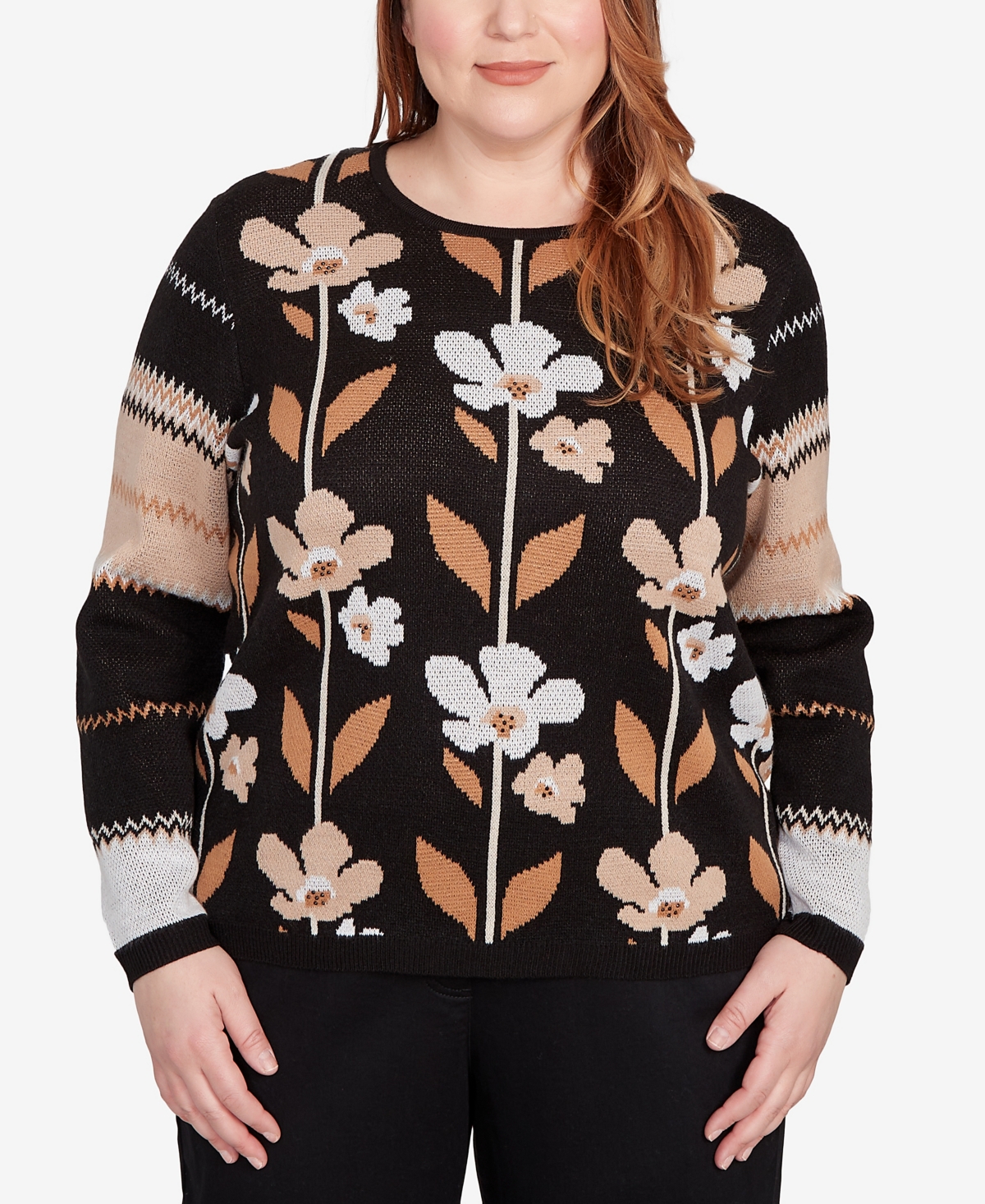 Alfred Dunner Plus Size Classic Vertical Flower Zig Zag Sweater In Black