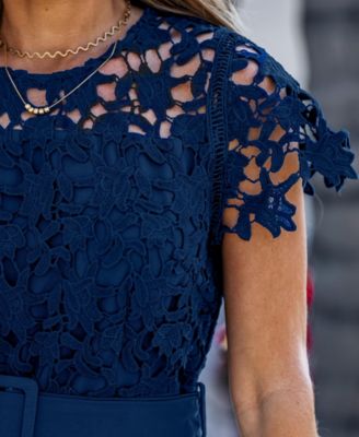 Women's Lace Short Sleeve Belted Jumpsuit