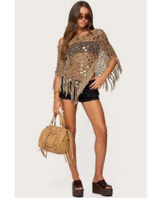 Women's Fringe Sequin Crochet Poncho