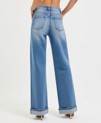 Women's Wide-Leg Button-Fly Cuffed Patch Pocket Jeans