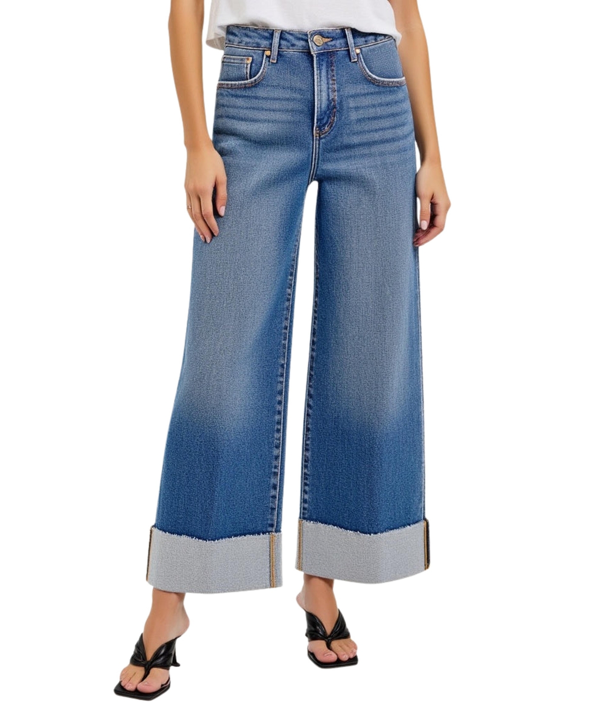 Women's Wide-Leg Cuffed Contrast Raw Hem Jeans - Blue