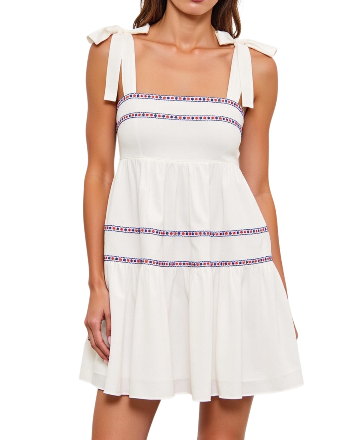 Women's Sleeveless Tiered Embroidered Trim Mini Dress - White