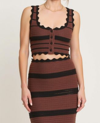 Women's Scallop Trim Crochet Striped Knit Crop Top and Maxi Skirt Set