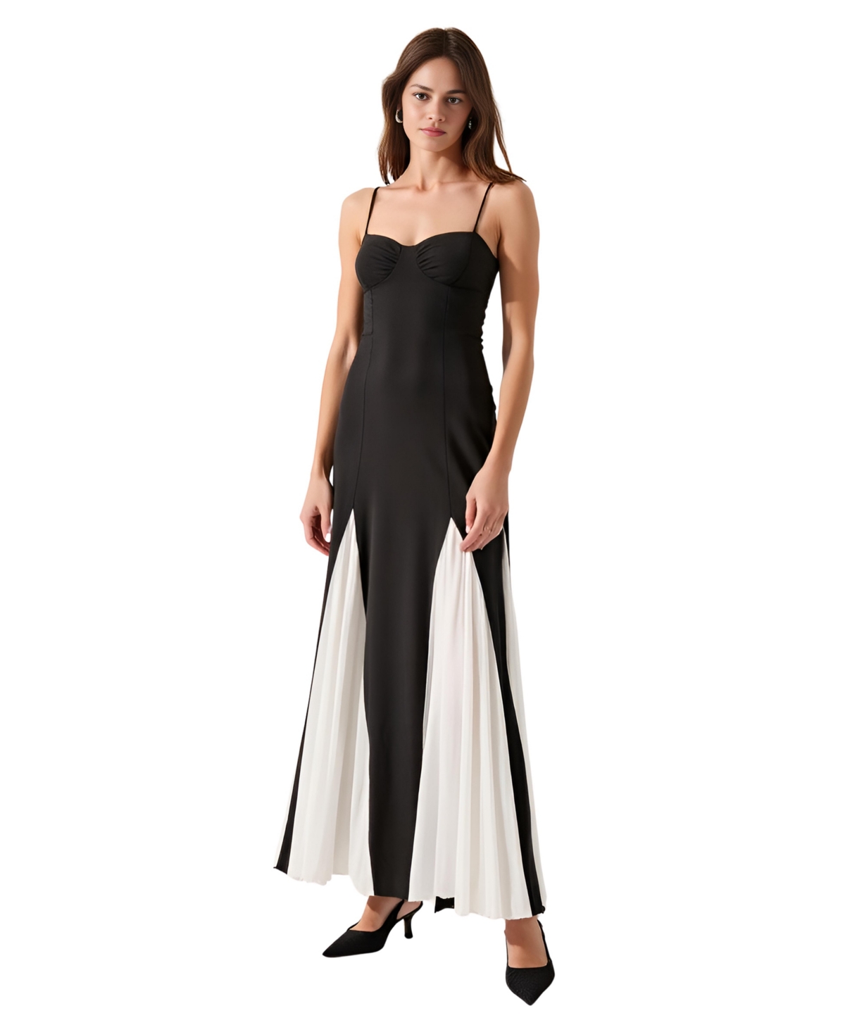 Women's Spaghetti Strap Bustier Pleated Maxi Dress - Black/white