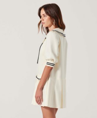 Women's Pleated Contrast Collar Bow Tie Mini Dress