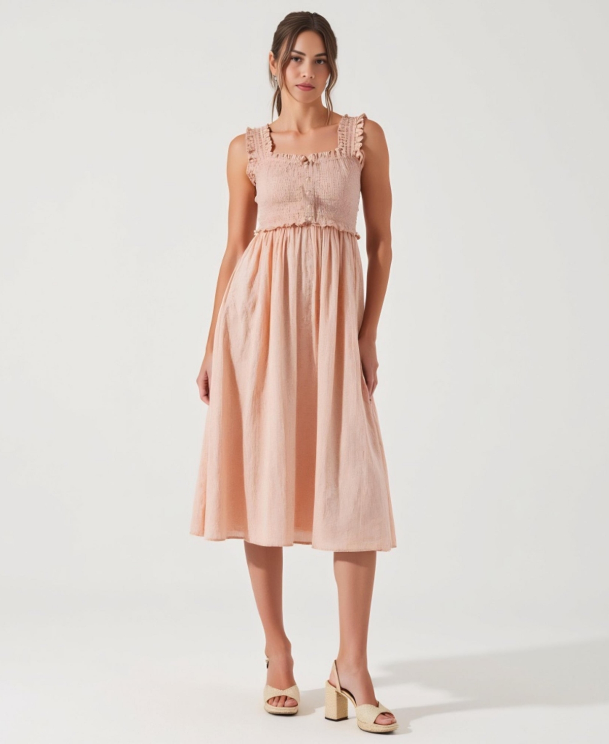 Women's Smocked Ruffle-Strap Button-Front Midi Dress - Pink