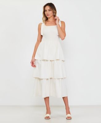 Women's Tiered Smocked Bow-Tie Shoulder Midi Dress