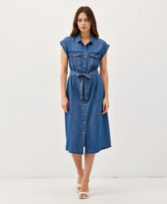 Women's Sleeveless Button-Front Tie-Waist Midi Shirt Dress