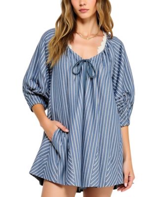 Women's Striped V-Neck Front Tie 3/4 Sleeve Romper