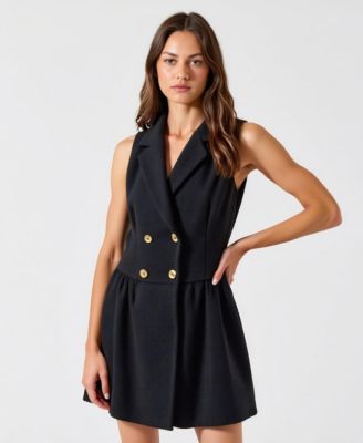 Women's Sleeveless Double-Breasted Boucle Tweed Flared Hem Dress