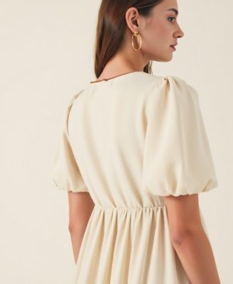 Women's Puff Sleeve Contrast Tie Midi Dress