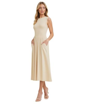 Women's Cap Sleeve Knit Bodice Midi Dress with Pockets
