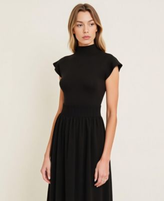 Women's Scallop Edge Mock Neck Sleeveless Knit Midi Dress