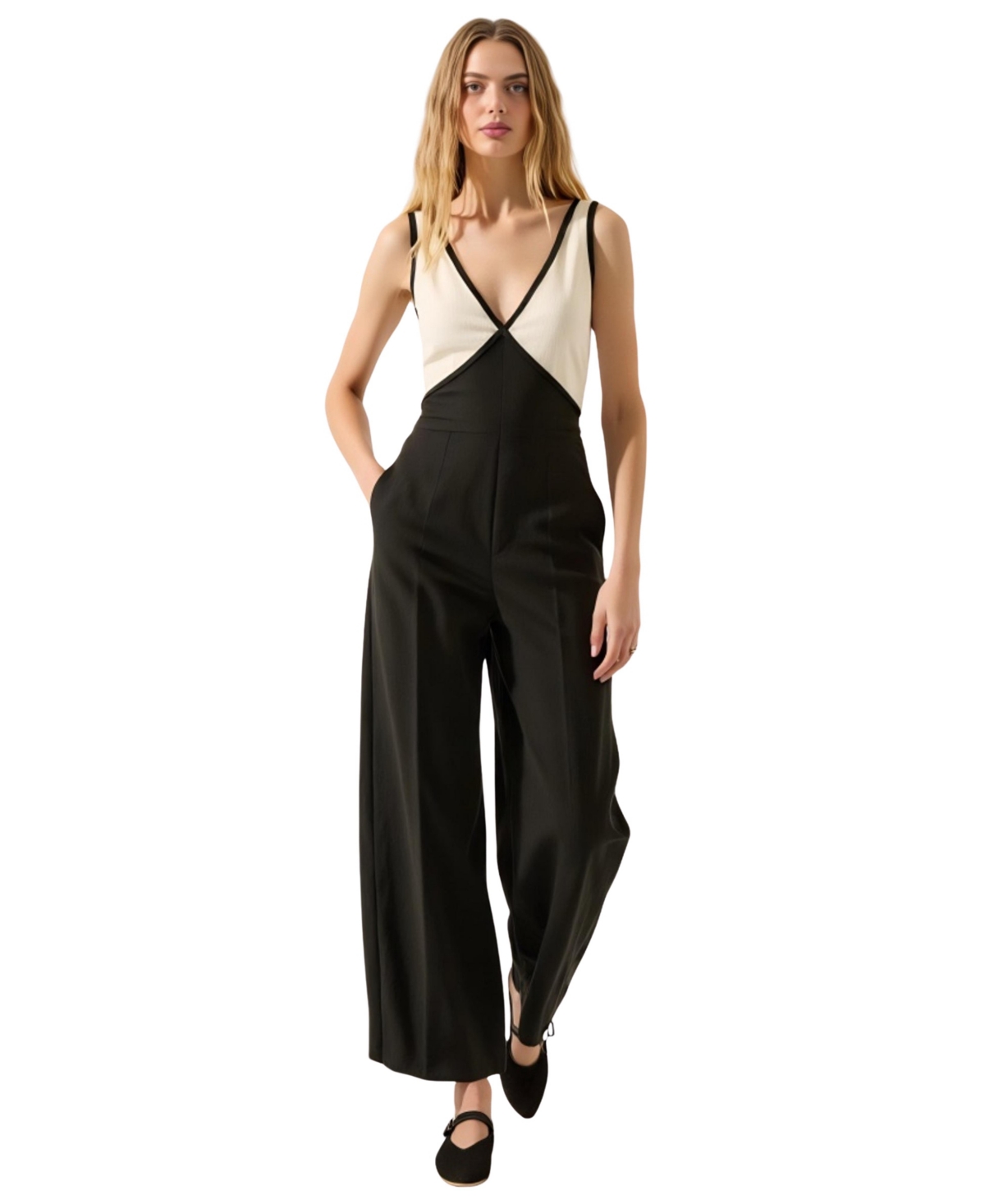 Women's Sleeveless Two-Tone Deep V-Neck Wide Leg Jumpsuit - Black