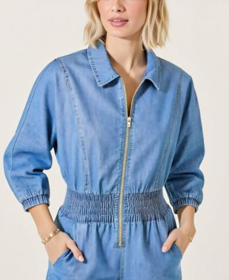Women's Zip Front Smocked Waist 3/4 Sleeve Romper
