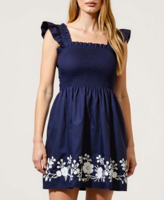 Women's Smocked Ruffle Strap Floral Embroidery Mini Dress