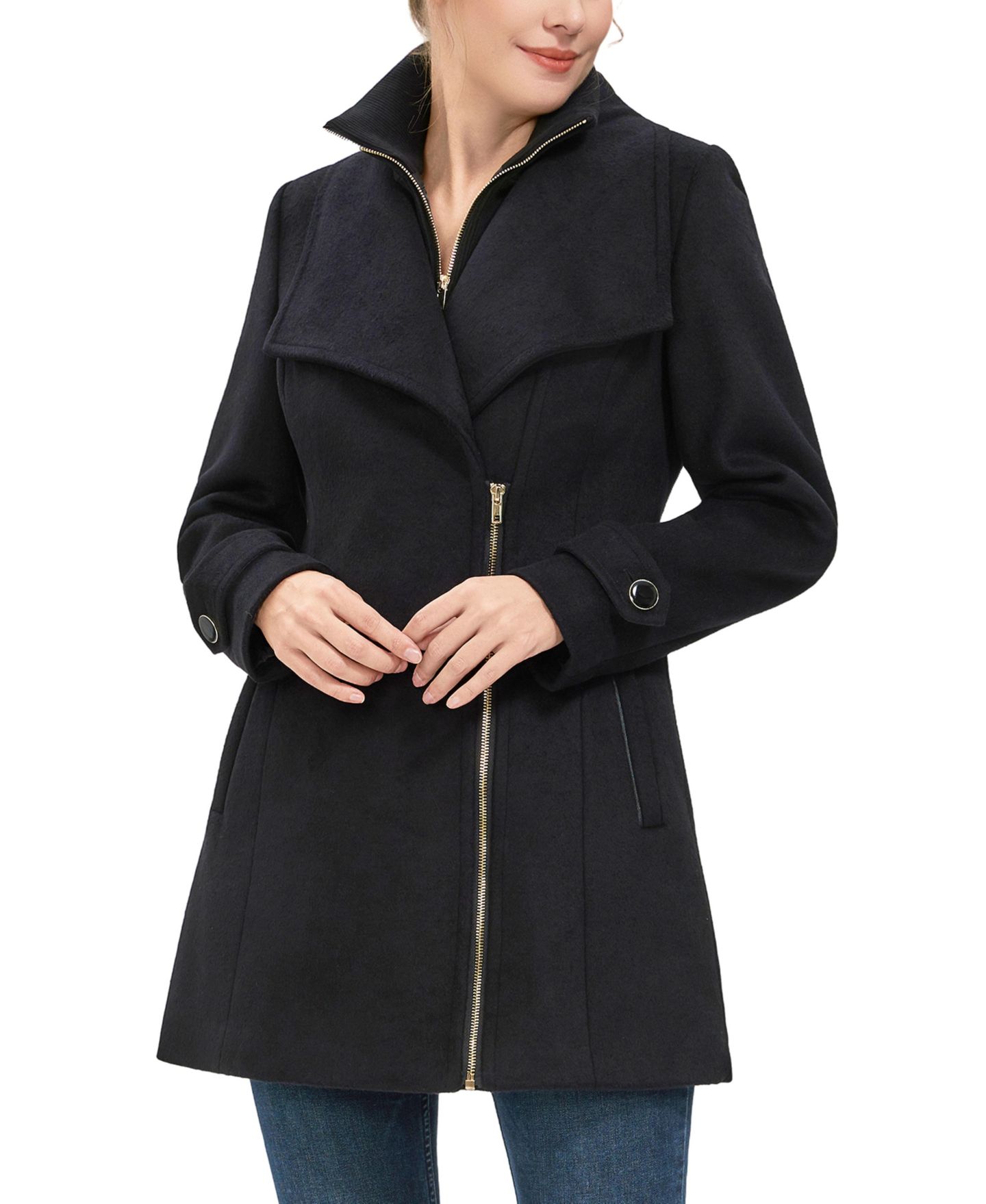 Женское пальто kimi + kai Kinsley Wool Blend Zip Front Walking, цвет: Чёрный — фото 2