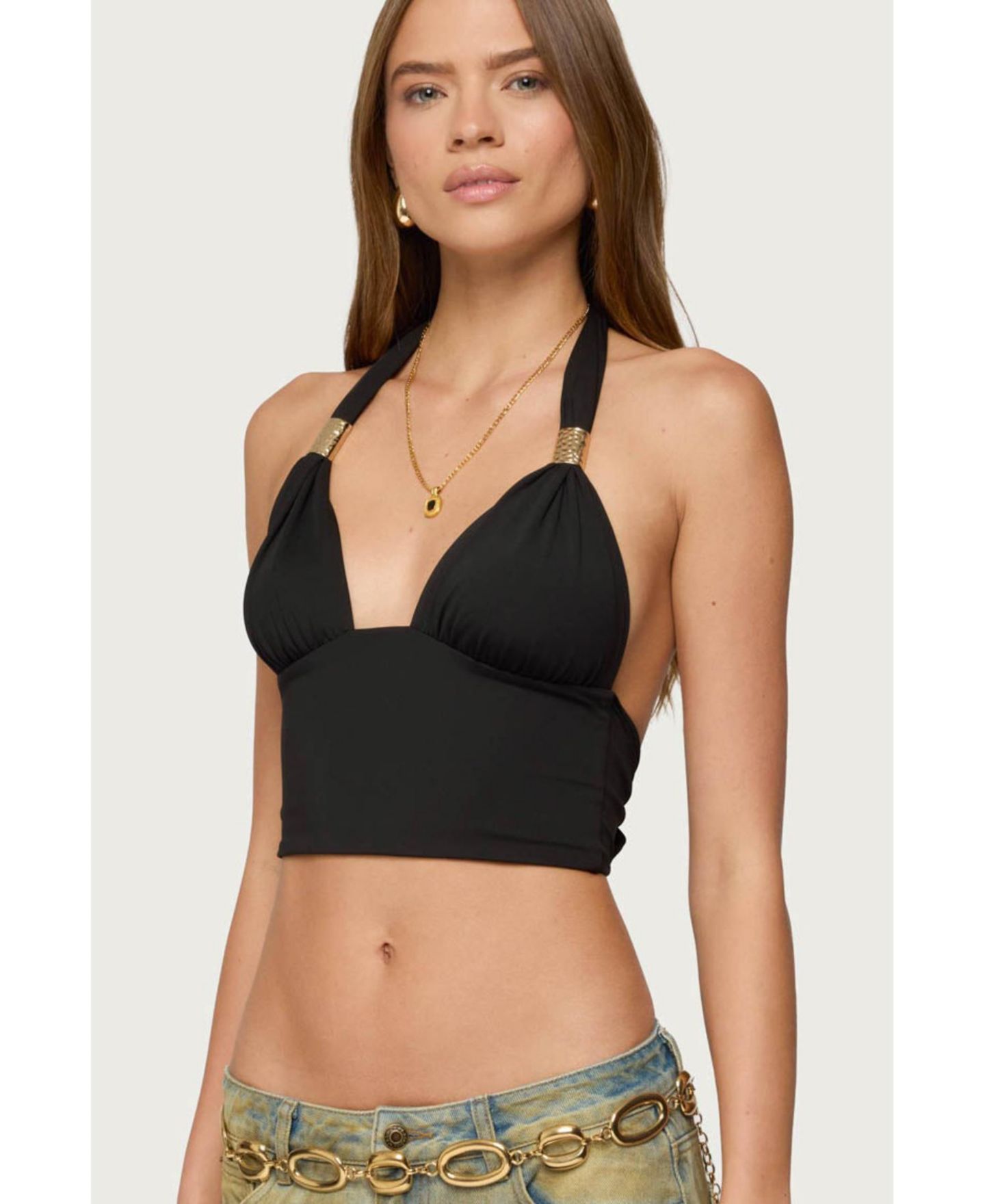 Женский топ Edikted Aiva Backless Plunge Neck Halter, цвет: Чёрный — фото 3