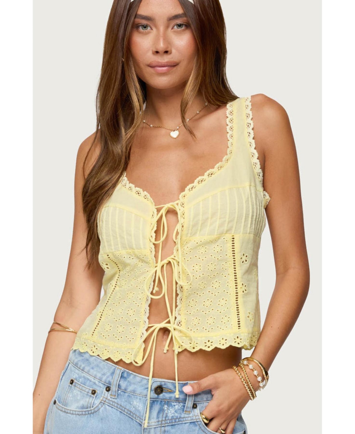 Women's Fiore Eyelet Tie Front Top - Yellow