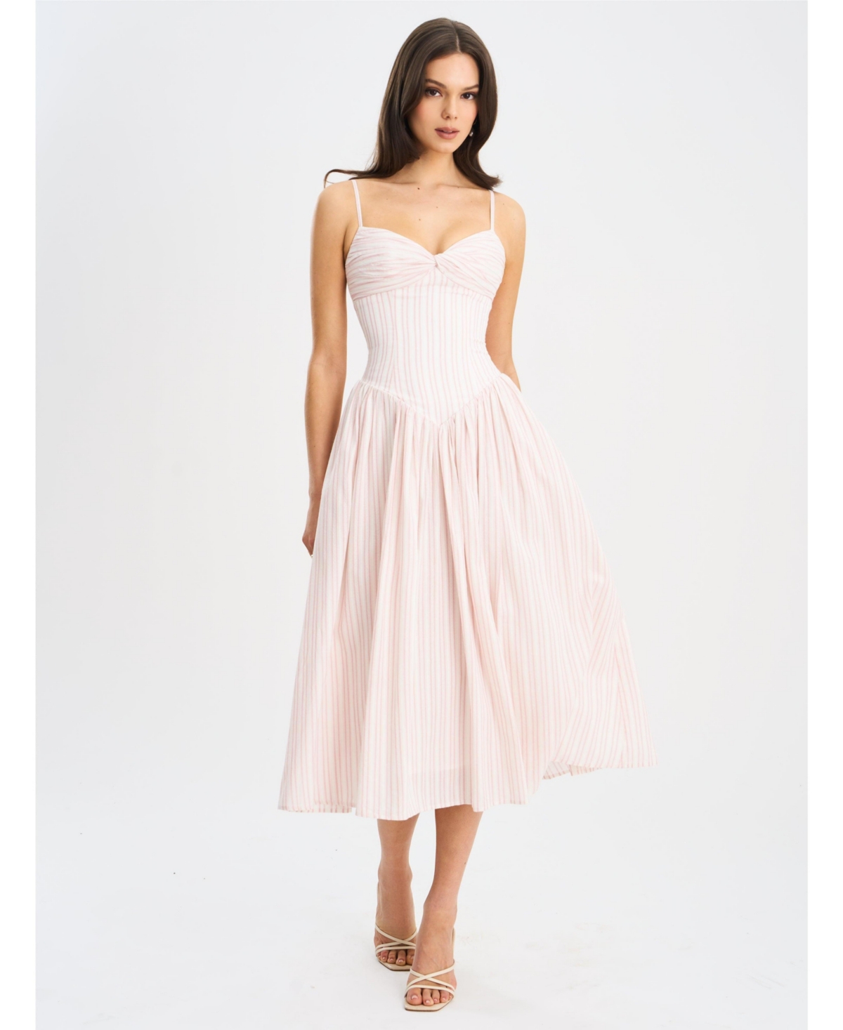 Women's Zania Pink Stripe Ruched Breast Cotton Jacquard Midi Dress - Pink stripe