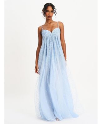 Women's Wallie Baby Blue Rhinestone Embellished Mesh Backless Gown