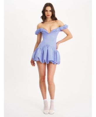 Women Sablee Checkered Puffy Off Shoulder Trim Bubble Hem Mini Dress