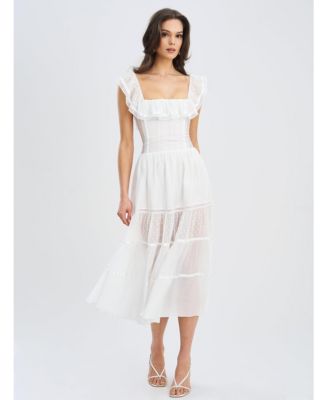 Women Eden Square Neck Ruffle Trim High Waist Midi Dress