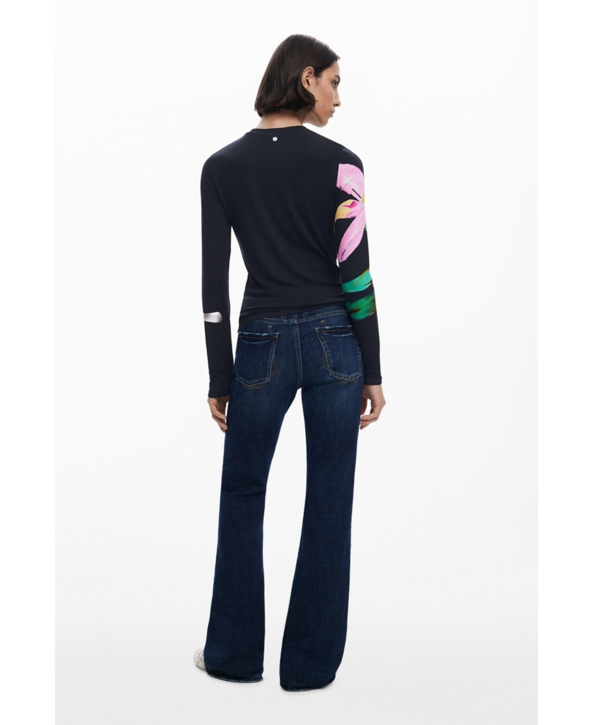 Desigual Abstract Floral Print Long Sleeve T-shirt In Black