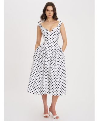 Women's Rahma Polka Dot Drop Waist Midi Cotton Poplin Dress