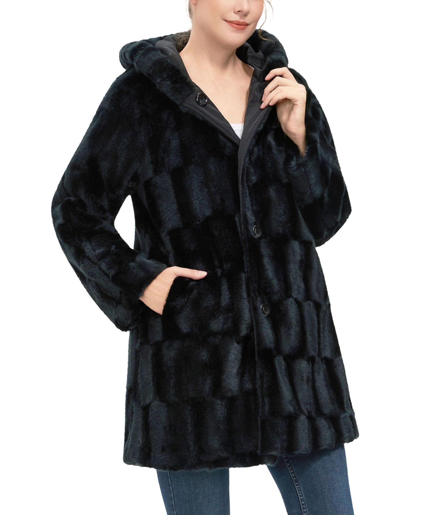 Женское пальто BGSD Brielle Hooded Reversible Faux Mink Fur, цвет: Чёрный — фото 2